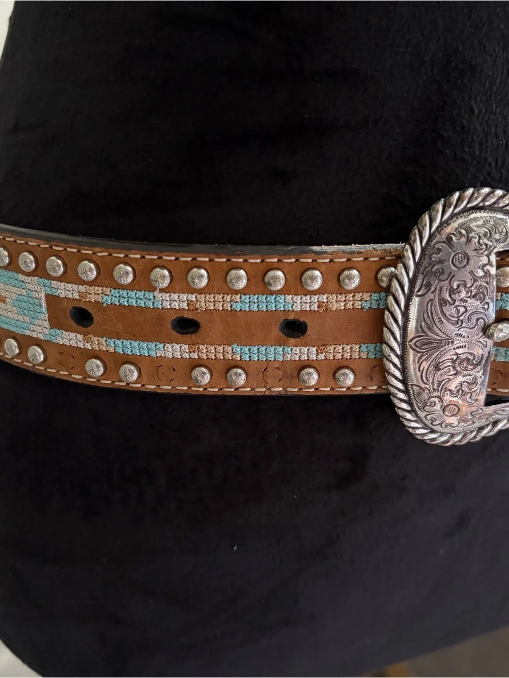 Embroidered Western-Style Brown Leather Belt with Turquoise Accents
